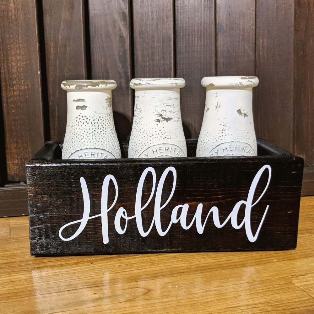 Rustic milk bottles and box